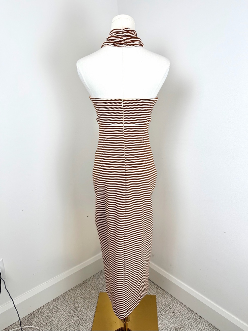 Amanda Uprichard Brown & Cream Striped Halter Dress Midi Has Stretch NWT Small - Picture 6 of 14